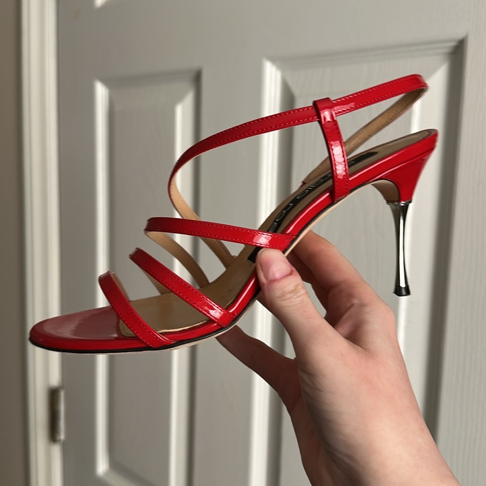 Sergio Rossi Red Godiva Steel Round Toe Stiletto Slip On Slingback Heels 37